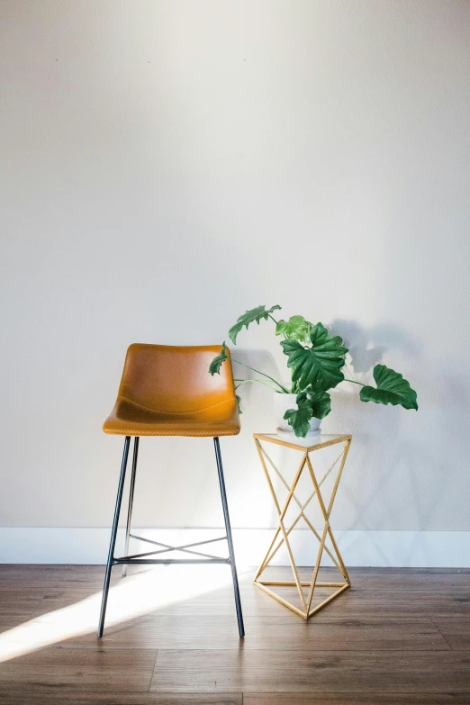 a plant sitting in a small chair next to a table