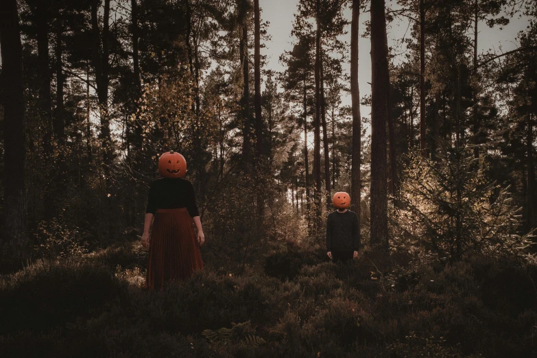 two people standing in the middle of the woods
