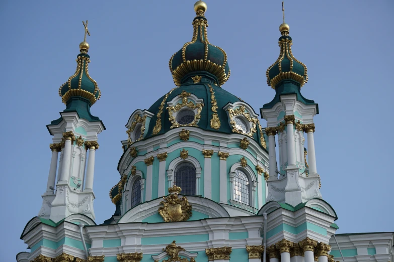 an ornately designed blue and white building