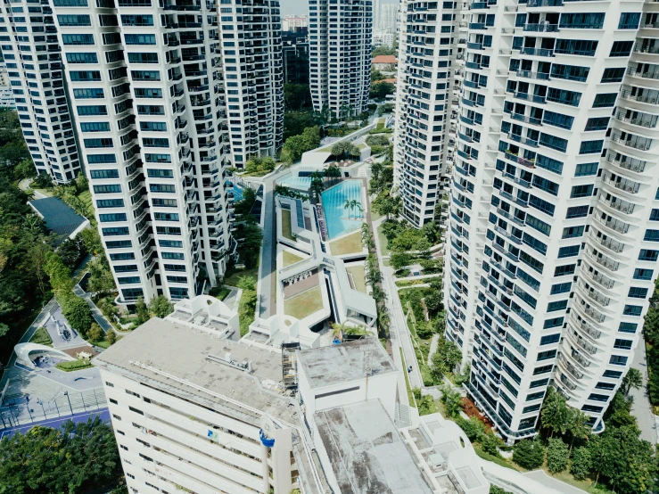 a city view of high rise buildings from an aerial view