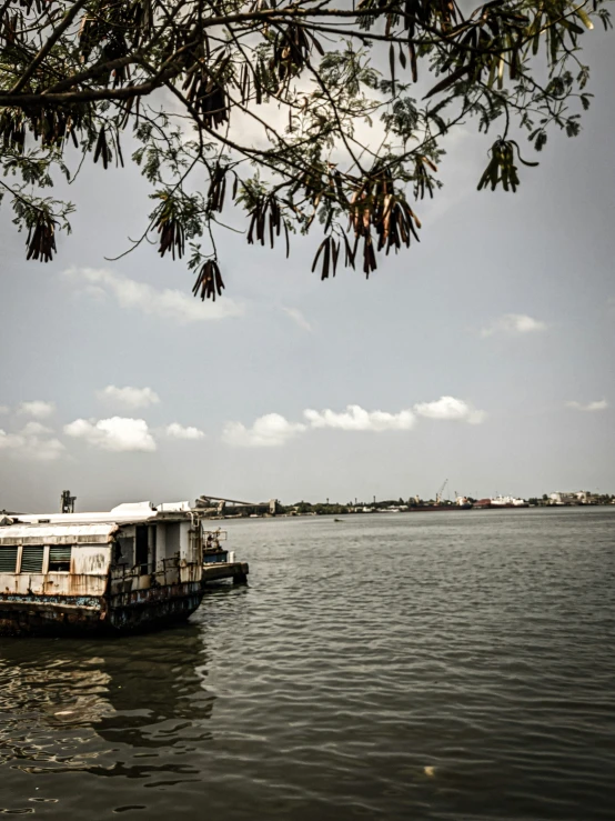 a boat is in a large body of water