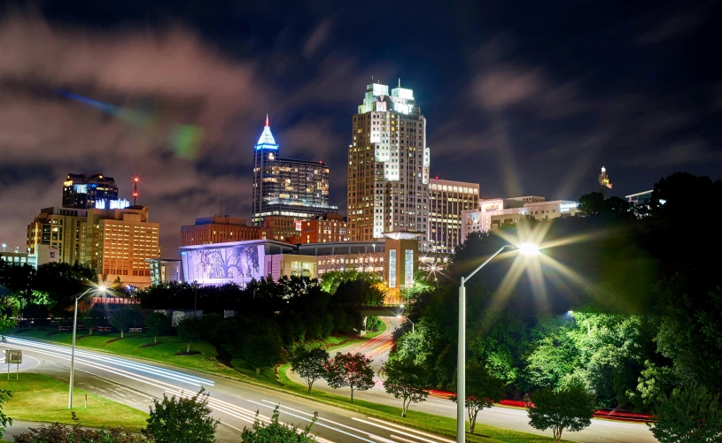 this is a city skyline, taken from the distance