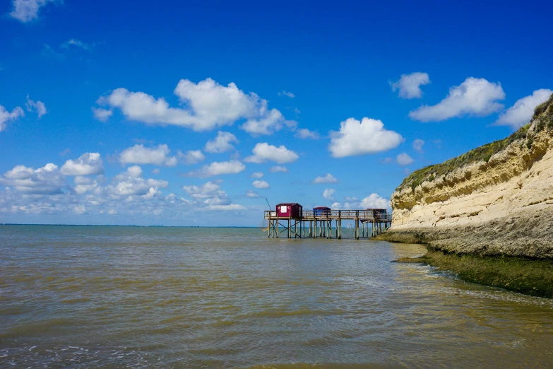 a pier sits off the shore near the ocean