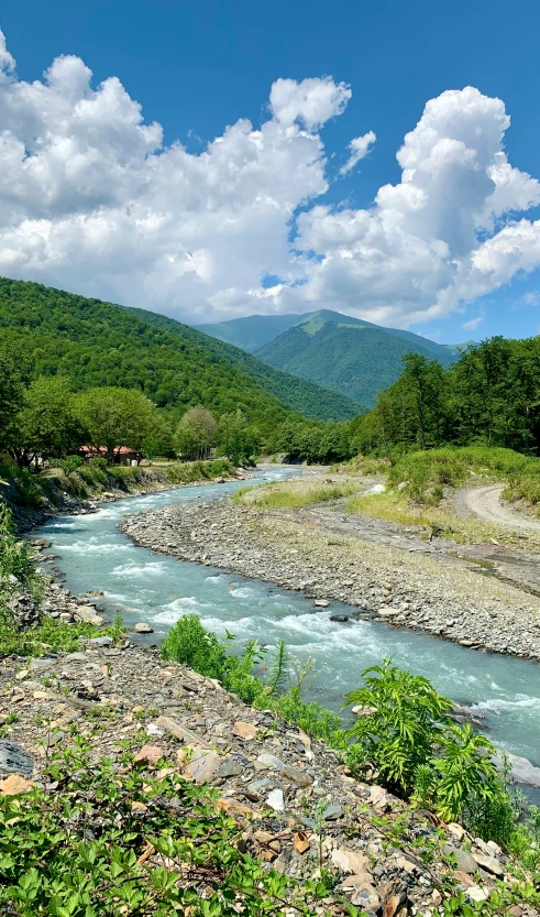 the river is flowing among green hills and rocks