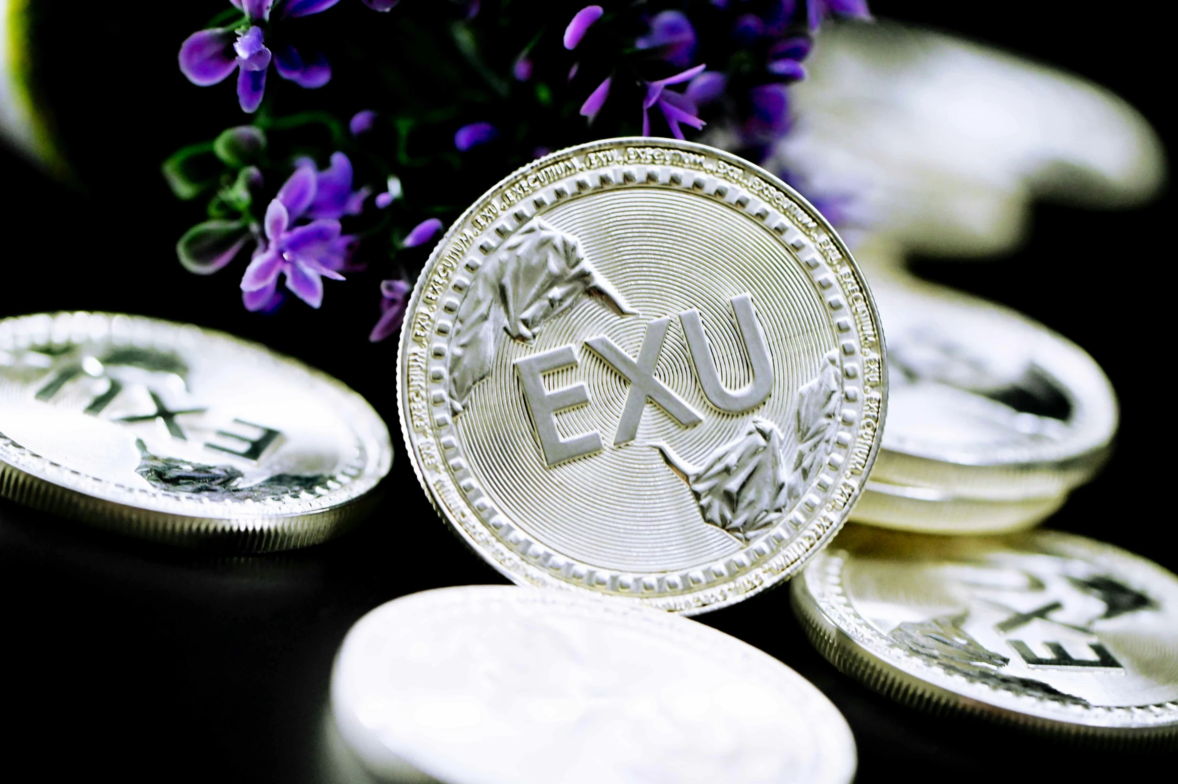 one coin, the other two silver with a horse on it and purple flowers in front