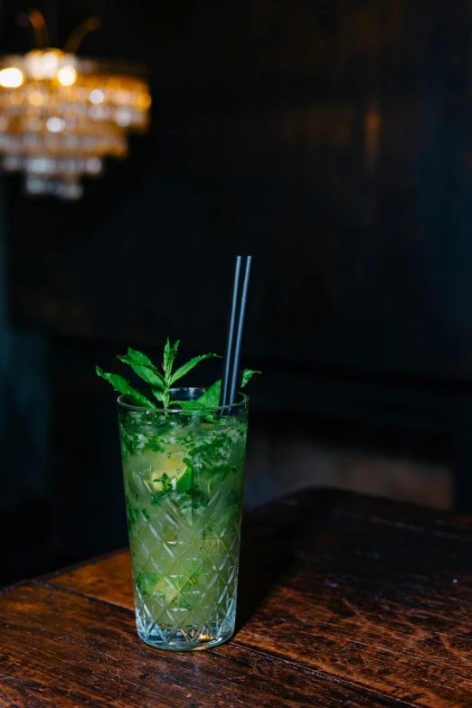 the drink with the green leaves has two straws in it