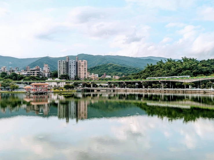 a river with trees, water and buildings in it