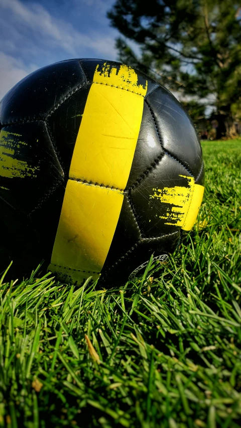 a black and yellow ball on some grass