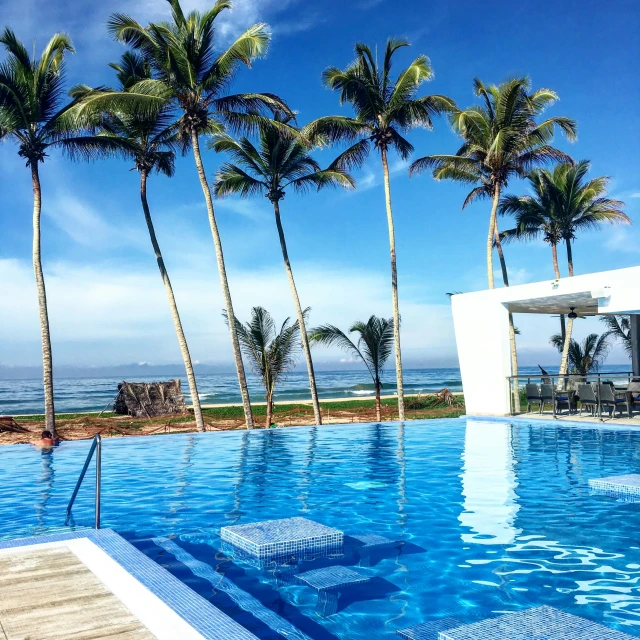 palm trees surround an outdoor pool and the ocean