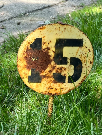 an old rusty 5 speed limit sign sits in the grass