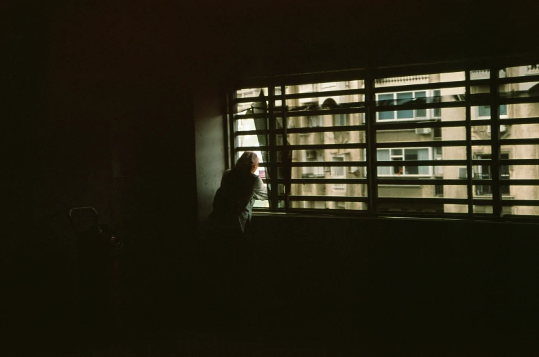 a person standing by a window with a building out the back