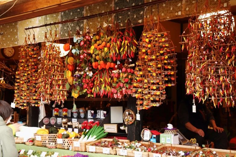 the street has many decorations for sale