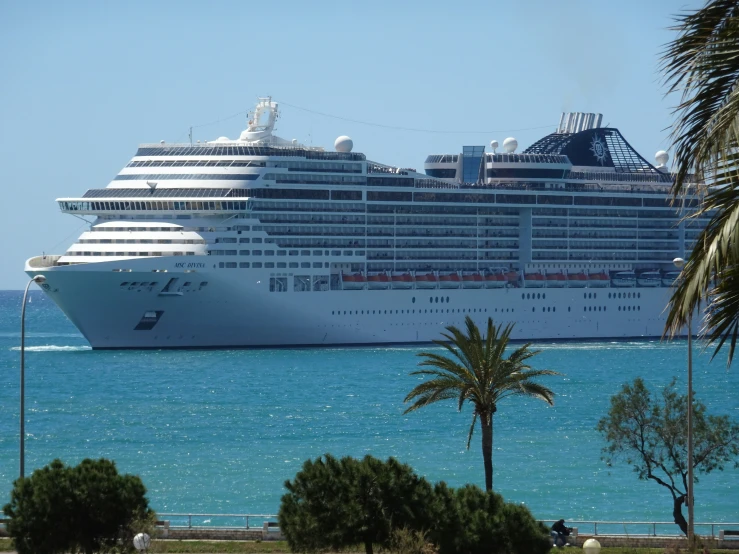 a cruise ship is parked at the beach as people walk by