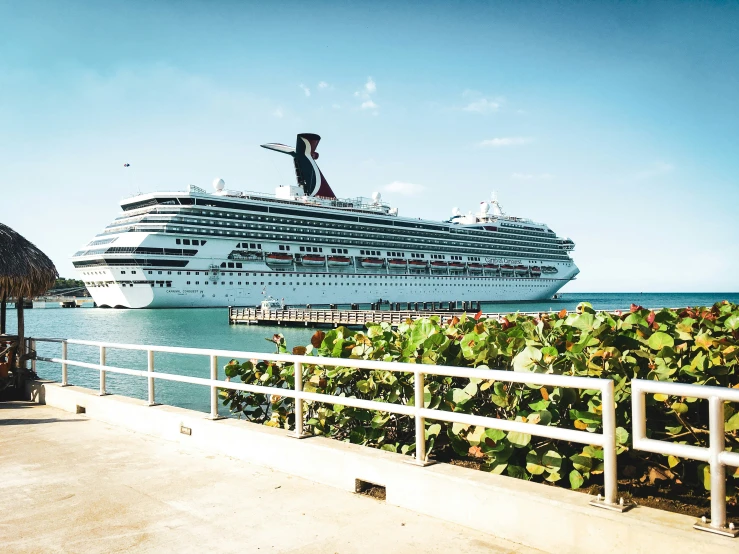 a large cruise ship in the distance near a pier