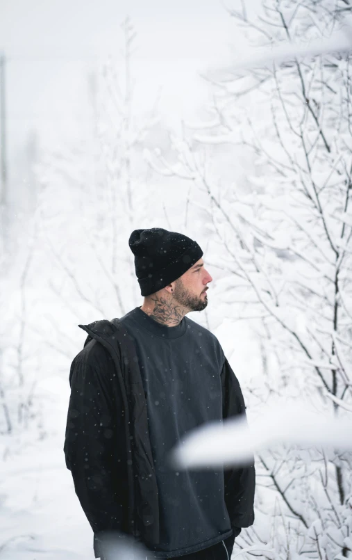 a man standing in the snow and wearing winter attire