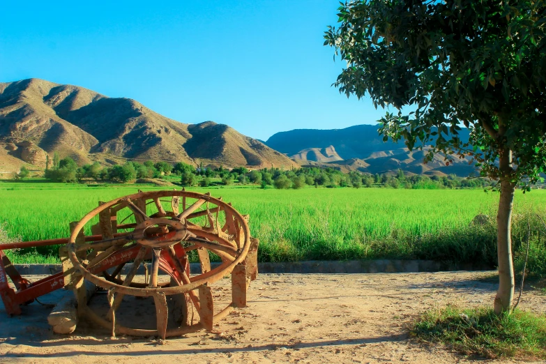 a bench sitting in the sand with a giant wheel on it