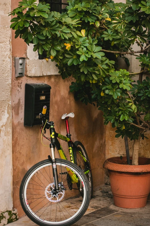 a bike is parked up against the wall