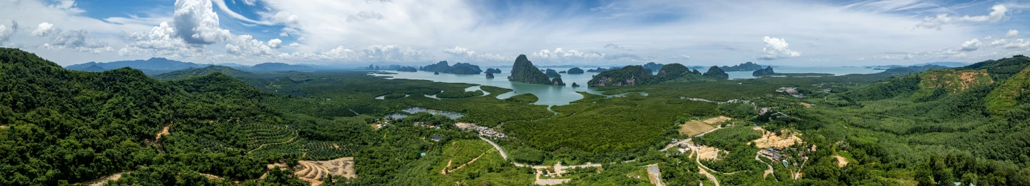 an artistic po of a landscape with mountains, forests and a river