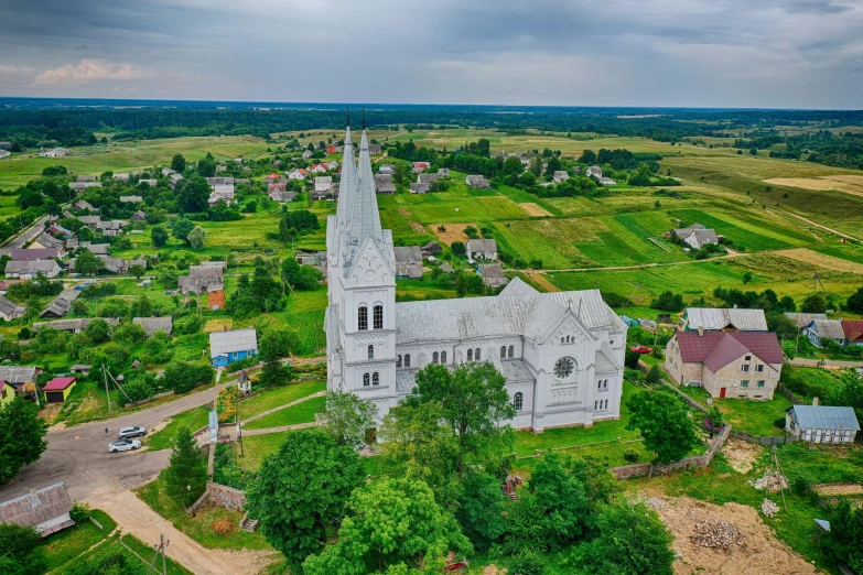 an aerial view of the street and small town