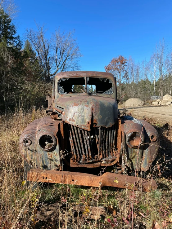 a old rusted out truck in the middle of the wilderness