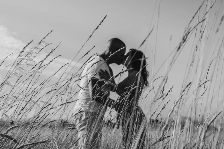 a couple kissing in the middle of a field with tall grass