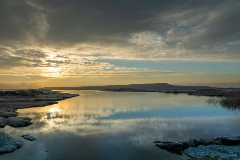 a view of a calm lake on the coast at dusk