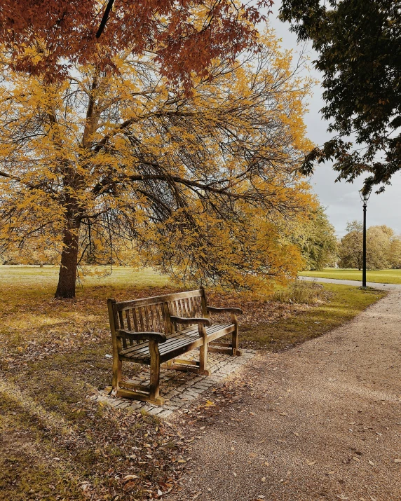 an empty park bench and a light pole