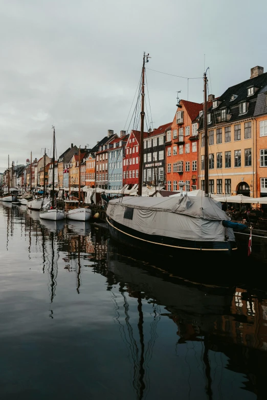 the water has many different colored buildings on it