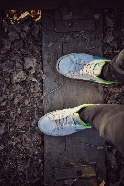 an overhead s of someone's feet on a wood plank with fallen leaves