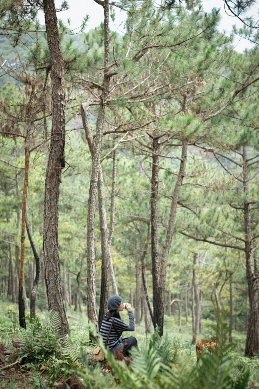 a person kneeling in the woods taking a po