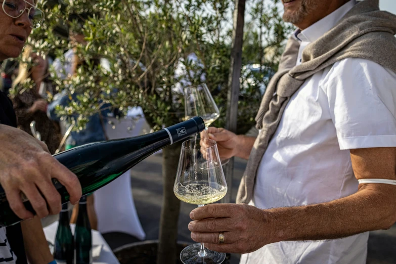 two men drinking white wine out of wine glasses