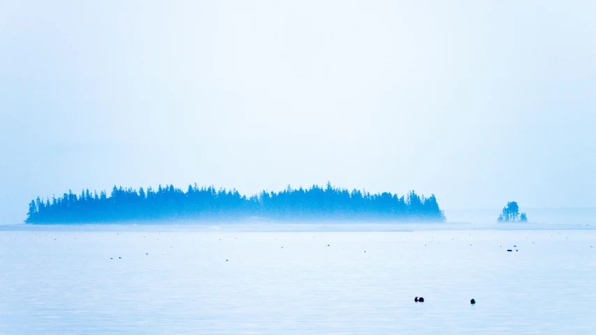 a boat sitting on the ocean in a foggy day