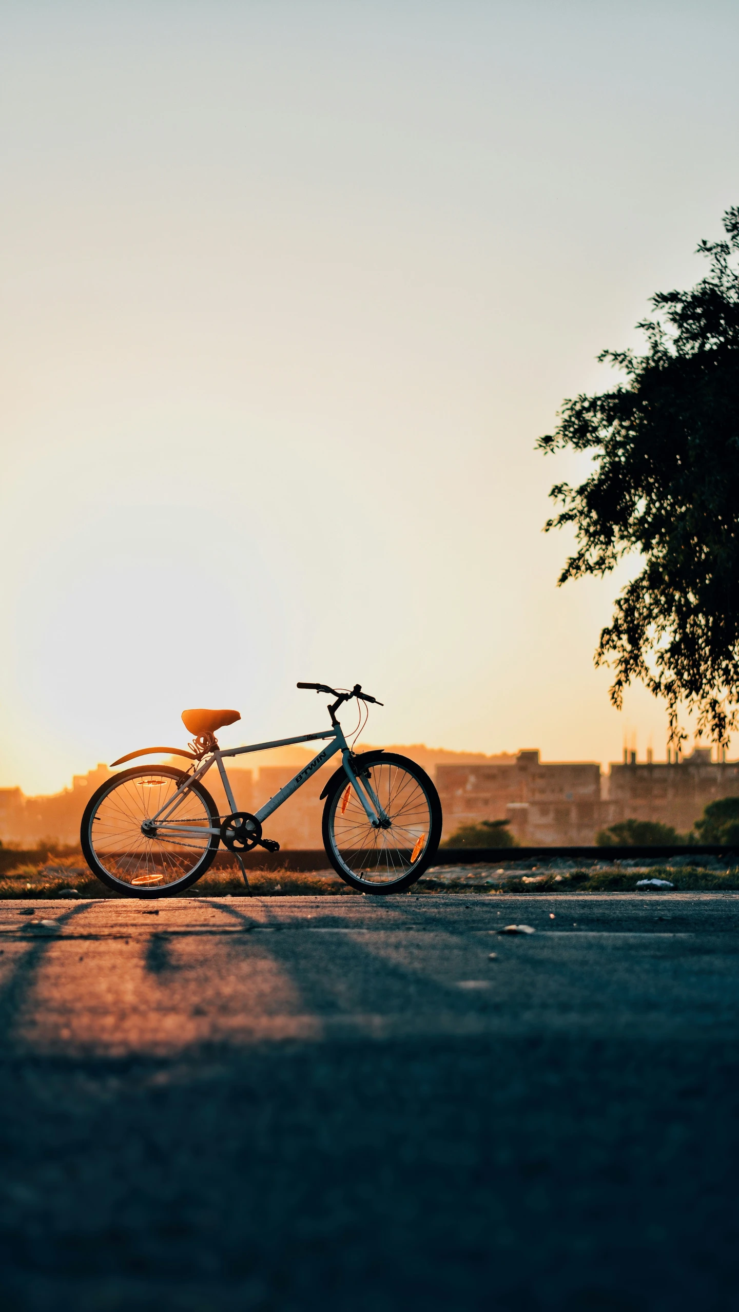 bike parked on the side of road in the sunset