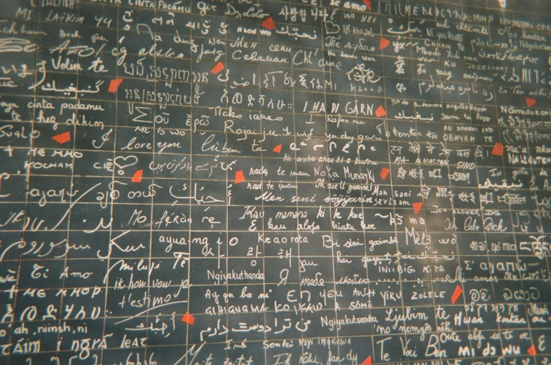 lots of writing and numbers on a wall