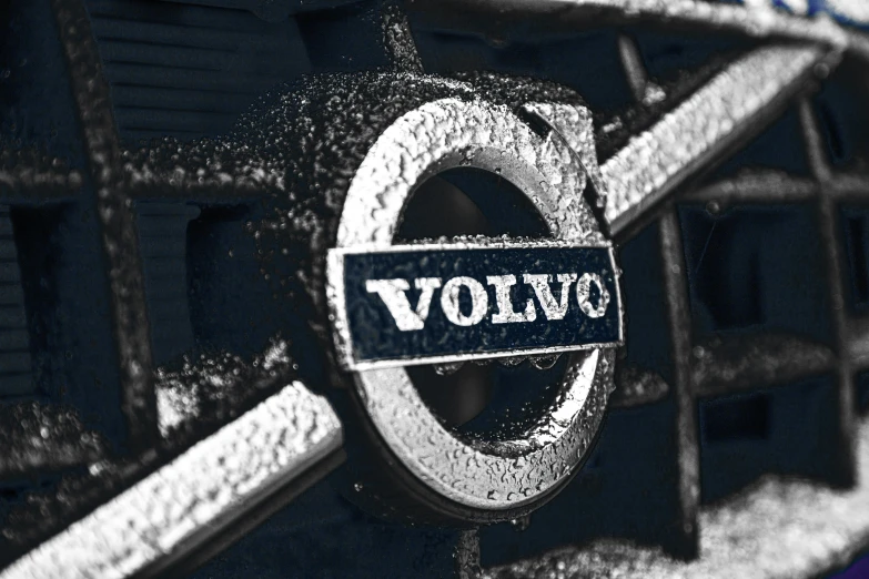 black and white pograph of volvo emblem on the front gate