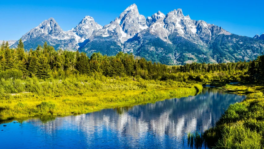 the grand teton peaks reflected in a calm stream