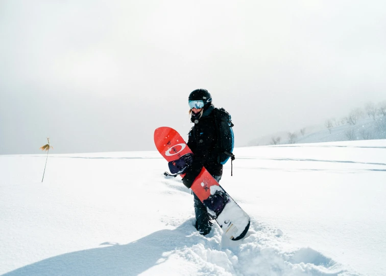 a snowboarder poses with his board on a snowy field