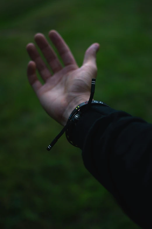 the right hand is holding a small black chain on it's wrist