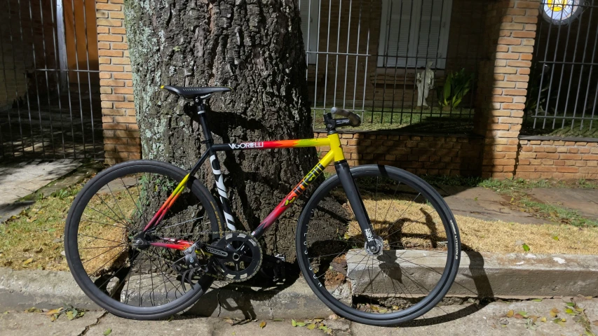 the bike is leaning up against the tree