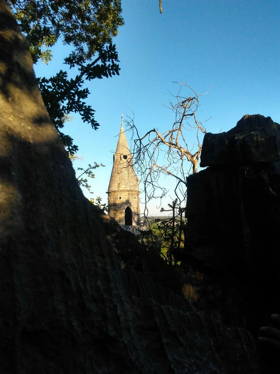 a tower with a steeple in the distance from the edge of a tree