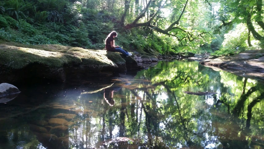 a man sitting by a creek in a wooded area