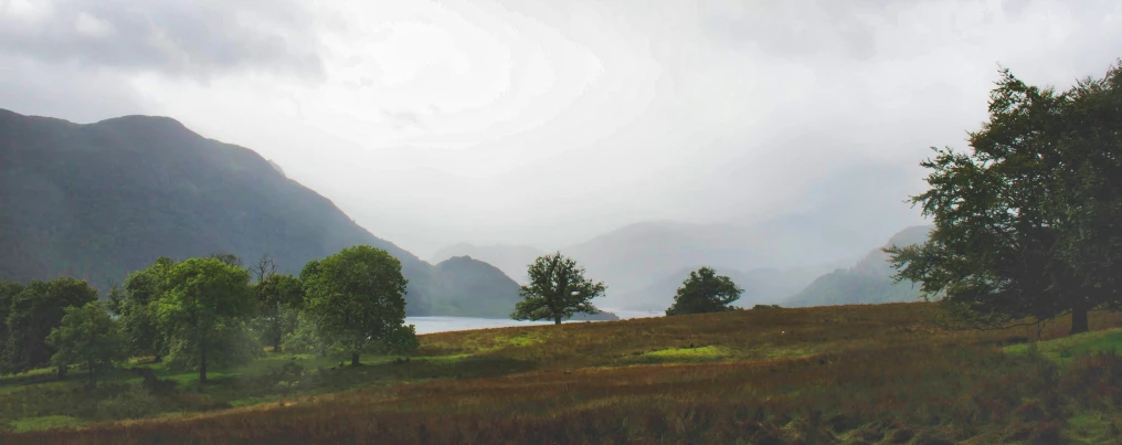 a painting of trees and mountains in the background