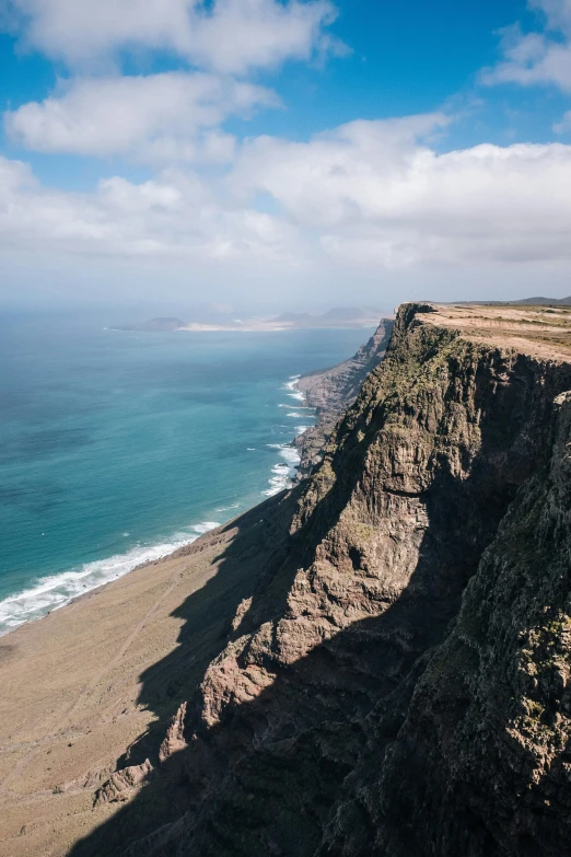 rocky cliff face, ocean on far side and clear sky