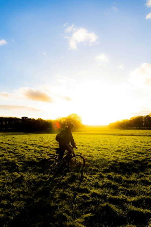 a man riding his bike in a field at sunset