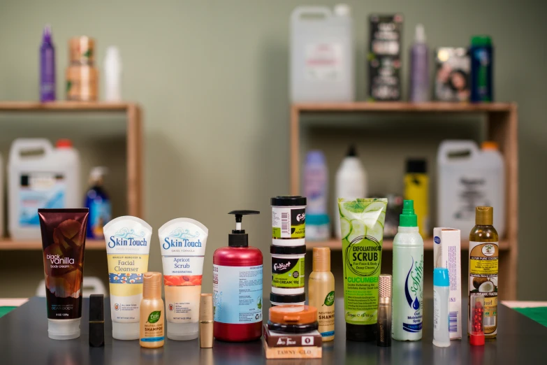 a desk with a variety of beauty products on it