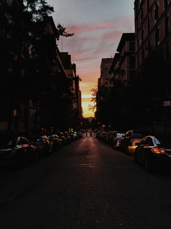 the street is empty and lined with parked cars