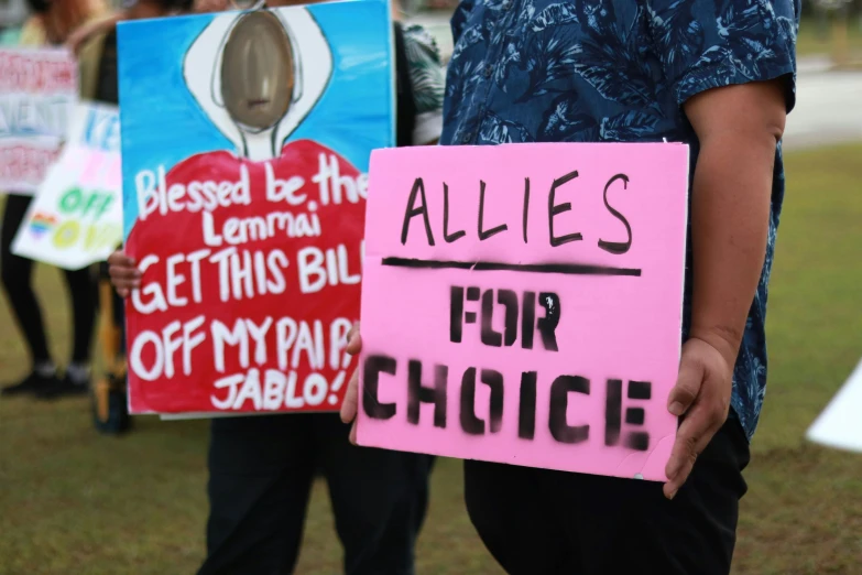 people holding up placares and signs during a protest