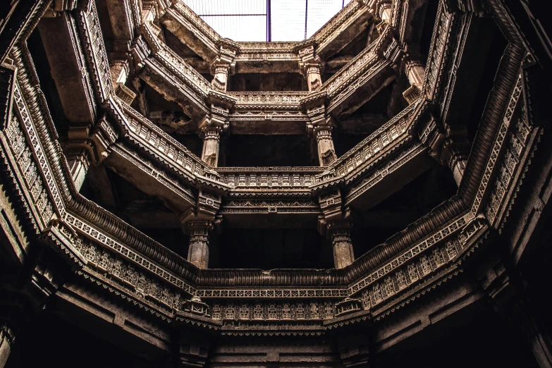 inside view of a building with some tall windows