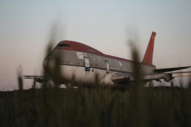 a large commercial air plane sits in an open field