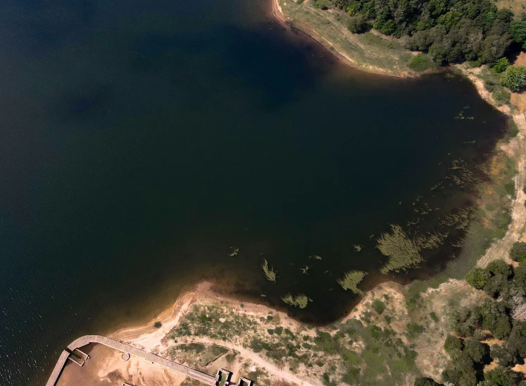 an aerial s of a lake in the middle of a forested area